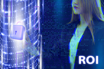 Business, Technology, Internet and network concept. Young businessman working on a virtual screen of the future and sees the inscription: ROI