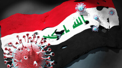 Covid in Iraq - coronavirus attacking a national flag of Iraq as a symbol of a fight and struggle with the virus pandemic in this country, 3d illustration
