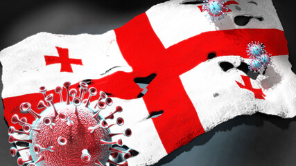 Fototapeta premium Covid in Georgia - coronavirus attacking a national flag of Georgia as a symbol of a fight and struggle with the virus pandemic in this country, 3d illustration