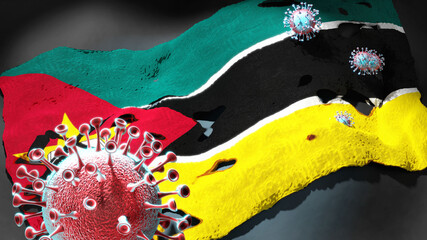 Covid in Mozambique - coronavirus attacking a national flag of Mozambique as a symbol of a fight and struggle with the virus pandemic in this country, 3d illustration