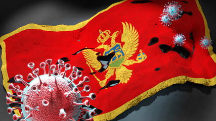 Covid in Montenegro - coronavirus attacking a national flag of Montenegro as a symbol of a fight and struggle with the virus pandemic in this country, 3d illustration