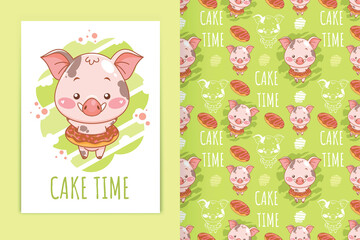 cute baby pig with donuts cartoon illustration and seamless pattern set