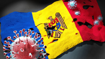 Covid in Moldova (the Republic of) - coronavirus attacking a national flag of Moldova (the Republic of) as a symbol of a fight and struggle with the virus pandemic in this country, 3d illustration