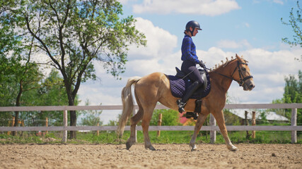 a young girl jockey sets a horse on a ranch in nature. High-quality photo