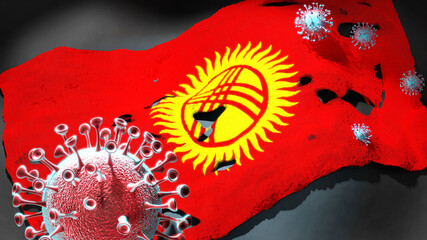 Covid in Kyrgyzstan - coronavirus attacking a national flag of Kyrgyzstan as a symbol of a fight and struggle with the virus pandemic in this country, 3d illustration