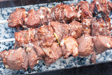 shish kebab on skewers is fried on the grill on coals
