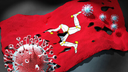 Covid in Isle of Man - coronavirus attacking a national flag of Isle of Man as a symbol of a fight and struggle with the virus pandemic in this country, 3d illustration