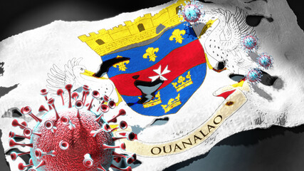 Covid in Saint Barth?lemy - coronavirus attacking a national flag of Saint Barth?lemy as a symbol of a fight and struggle with the virus pandemic in this country, 3d illustration