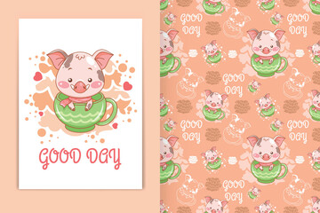 cute pig with teacup cartoon illustration and seamless pattern set