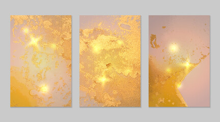 Set of abstract yellow, pink and gold backgrounds with marble texture and shining glitter. Vector stone surface in alcohol ink technique. Fluid art illustration for poster, flyer, brochure design.