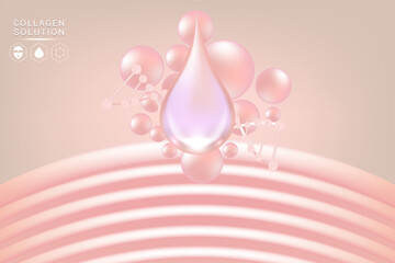 Hyaluronic acid skin solutions ad, pink collagen serum drop with cosmetic advertising background ready to use, illustration vector.	
