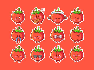 Cute and Kawaii Tomato Character Sticker Illustration Set With Various Activity and Happy Expression for mascot badge