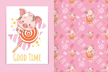 cute baby pig with lollipop cartoon illustration and seamless pattern set