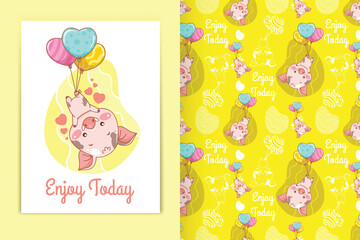cute baby pig with love balloon cartoon illustration and seamless pattern set