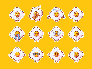 Cute and Kawaii Sunny Side Up Egg Character Sticker Illustration Set With Various Activity and Happy Expression for mascot badge