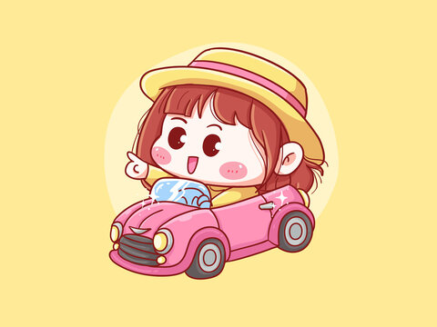 Cute and kawaii Girl With Straw Hat Drive convertible car manga chibi Illustration