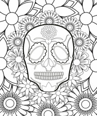 Sugar Skull flowers for Halloween or Day of the dead with flower elements. Hand drawn. Doodles art for greeting cards, invitation or poster. Coloring book for adult and kids.