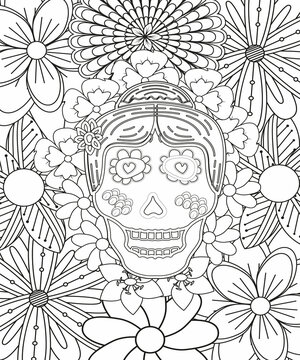 Sugar Skull flowers for Halloween or Day of the dead with flower elements. Hand drawn. Doodles art for greeting cards, invitation or poster. Coloring book for adult and kids.