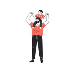 Vector illustration of a father holding his young son, a baby on his shoulders. Happy Father's Day.