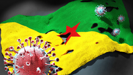 Covid in French Guiana - coronavirus attacking a national flag of French Guiana as a symbol of a fight and struggle with the virus pandemic in this country, 3d illustration