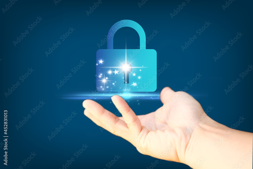 Poster data protection cyber security privacy business with hand pointing with internet technology concept,