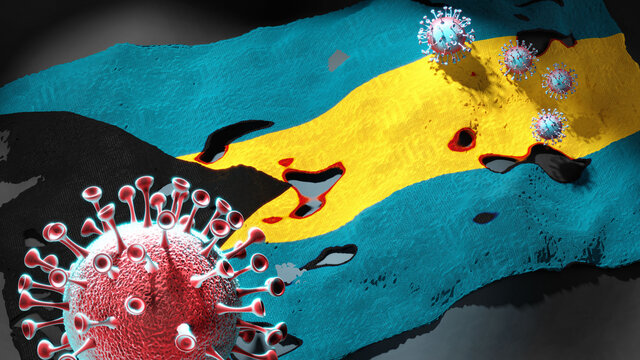 Covid in Bahamas - coronavirus attacking a national flag of Bahamas as a symbol of a fight and struggle with the virus pandemic in this country, 3d illustration