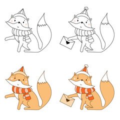 Collection of winter fox in a scarf and hat and with an envelope. Animal - color and line drawing, outline. Vector illustration For kids collection, coloring, print, design, postcards and decoration
