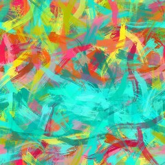Seamless random faux digital paint stroke pattern print. High quality illustration. Procedural painting with realistic brush strokes in bright trendy colors. Abstract art for surface design and print.