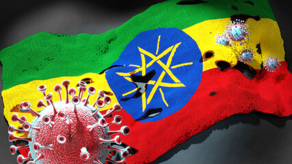 Covid in Ethiopia - coronavirus attacking a national flag of Ethiopia as a symbol of a fight and struggle with the virus pandemic in this country, 3d illustration