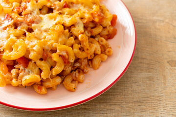 homemade macaroni bolognese with cheese