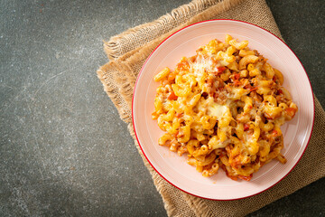 homemade macaroni bolognese with cheese