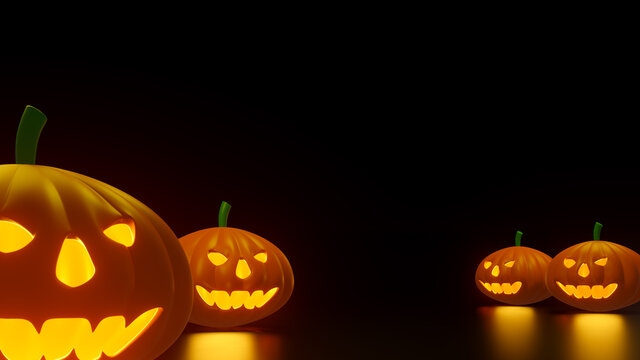 Halloween Pumpkins with warm light on dark background. 3d rendering.