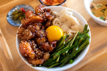 Japanese style rice bowl dish Horumon-don