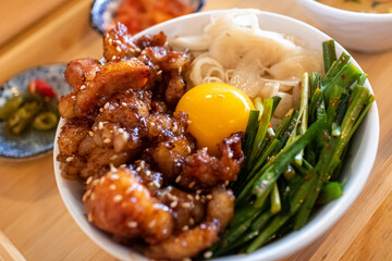 Japanese style rice bowl dish Horumon-don