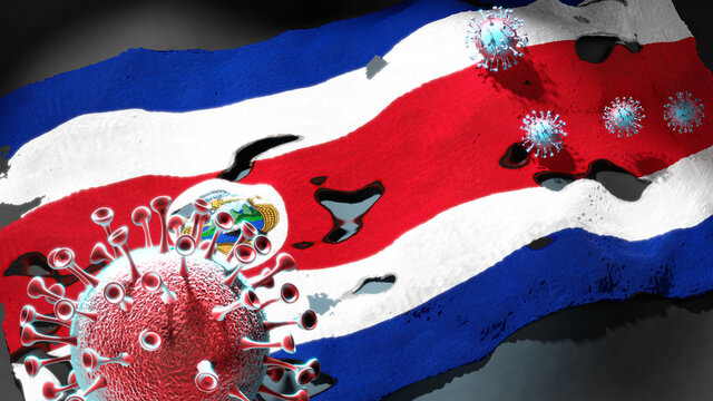 Covid in Costa Rica - coronavirus attacking a national flag of Costa Rica as a symbol of a fight and struggle with the virus pandemic in this country, 3d illustration