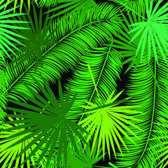 Green tropical leaves on a black background, texture for design, seamless pattern, vector illustration