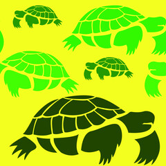 Green big turtles on a yellow background, texture for design, seamless pattern, vector illustration