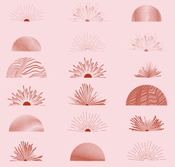 Sunset icons and logos in boho style .Trendy design elements  . Contemporary abstract vector striped geometric background pattern .Half sun symbols .