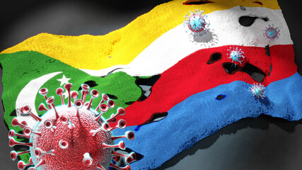 Covid in Comoros - coronavirus attacking a national flag of Comoros as a symbol of a fight and struggle with the virus pandemic in this country, 3d illustration