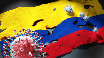Covid in Colombia - coronavirus attacking a national flag of Colombia as a symbol of a fight and struggle with the virus pandemic in this country, 3d illustration
