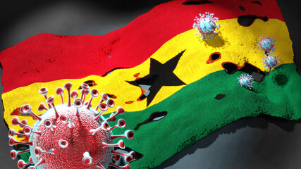 Covid in Ghana - coronavirus attacking a national flag of Ghana as a symbol of a fight and struggle with the virus pandemic in this country, 3d illustration