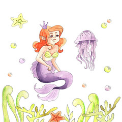 Watercolor illustration with little  mermaid. Collection of hand-drawn  elements for you design.