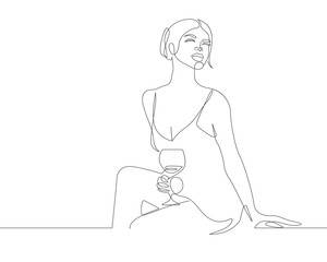 Woman with Wine Glass One Line Drawing. Female Portrait Minimalist Style. Modern Minimal Print. Trendy Illustration Continuous Line Art. Female Fashion Minimal Print. Beauty Logo. Vector EPS 10