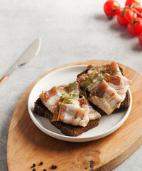 Two bread slices with salted pork bacon or lard, traditional snacks to Ukrainian borscht