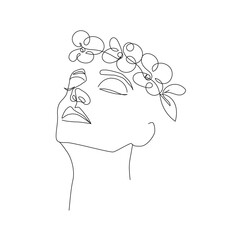 Woman Face In Flowers Line Art Drawing Set. Woman Head with Flowers One Line Drawing Prints.  Elegant Female Sketch Poster with Minimalist Girl Portrait Illustration Print. Vector EPS 10