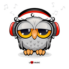 Gray cartoon owl with red headphones on a white background. Concept music, relaxation. Vector, illustration