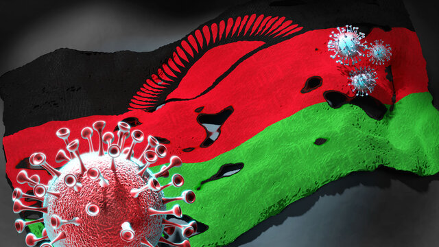 Covid in Malawi - coronavirus attacking a national flag of Malawi as a symbol of a fight and struggle with the virus pandemic in this country, 3d illustration