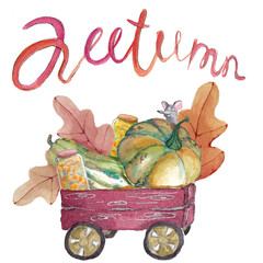 watercolor illustration red harvest cart,pumpkin jam jar,autumn oak leaves,for postcard or invitation,lettering