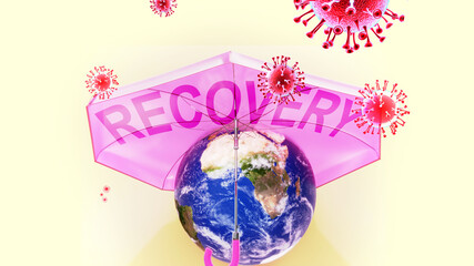 Covid recovery, protection of the Earth from corona virus shown as a shielding umbrella around the planet that guards and defends from attacking virus pandemic., 3d illustration