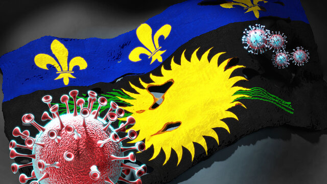 Covid in Guadeloupe - coronavirus attacking a national flag of Guadeloupe as a symbol of a fight and struggle with the virus pandemic in this country, 3d illustration